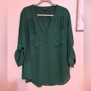 Torrid Deep Green Blouse with Roll-Tab Sleeves